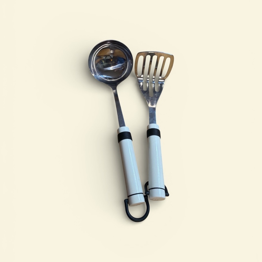 Vintage Pedrini Italy Stainless Steel Ladle & Slotted Spatula White Handles